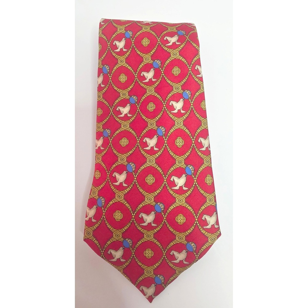 Via Veneto Linea Oro Silk Tie Mens Red Gold Seal Animal Print Made in Italy